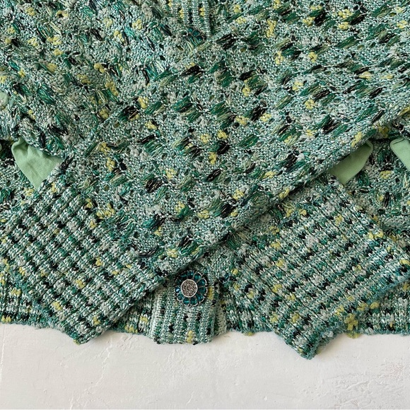 ST JOHN Couture Green Teal Tweed Knit Jacket Blouse with Bows Size L - Picture 7 of 10